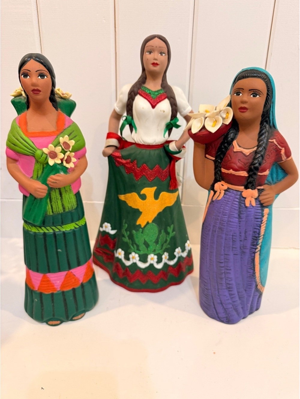 Set of 3 Hand-Painted Mexican Folk Art Clay Figurines in Traditional Dress